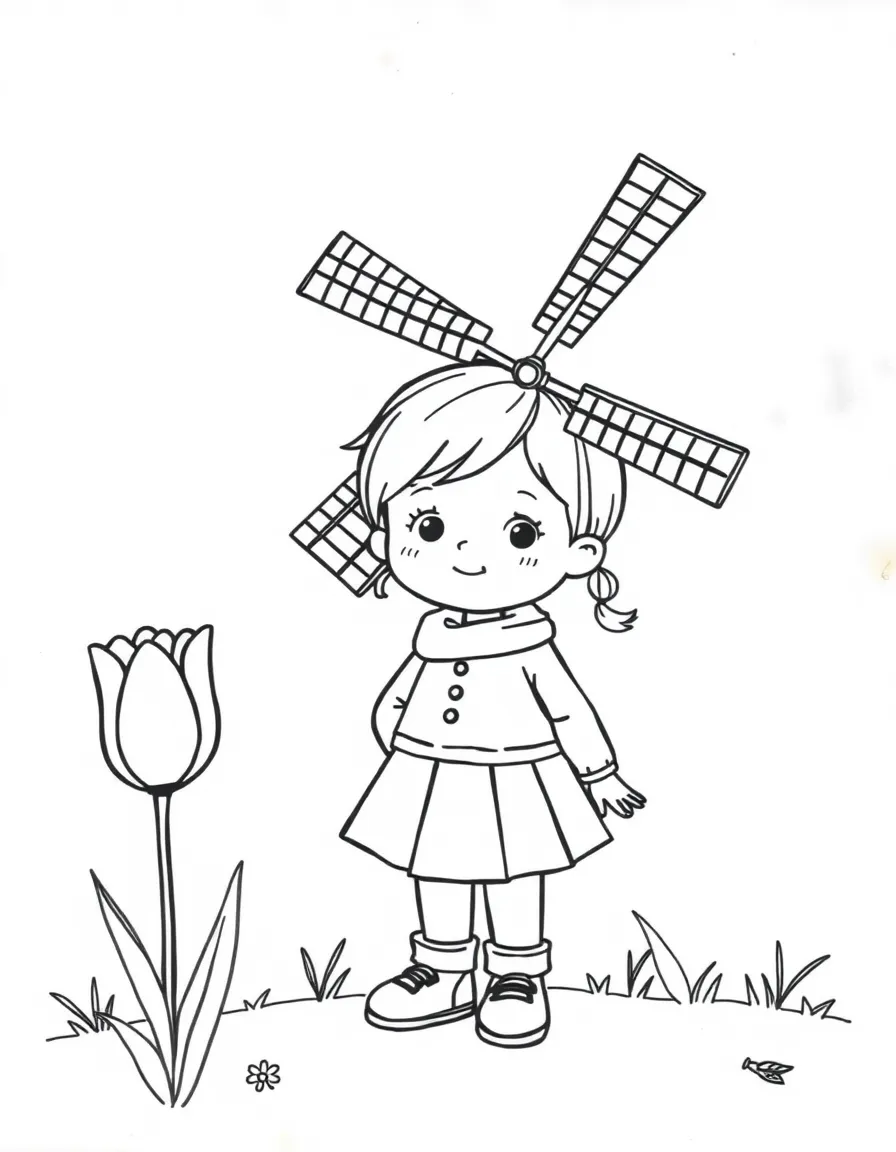 A child with a windmill and a tulip for Netherlands.
