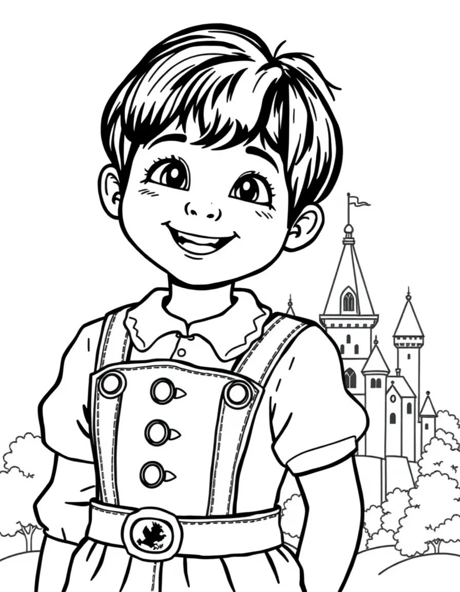 A smiling child with a lederhosen and a castle for Germany.