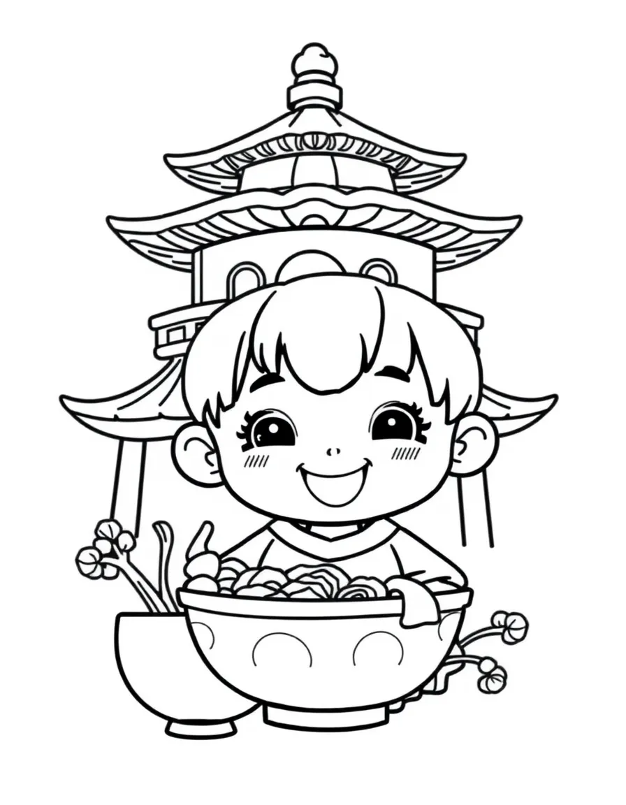 A cheerful child with a kimchi bowl and a pagoda for South Korea.