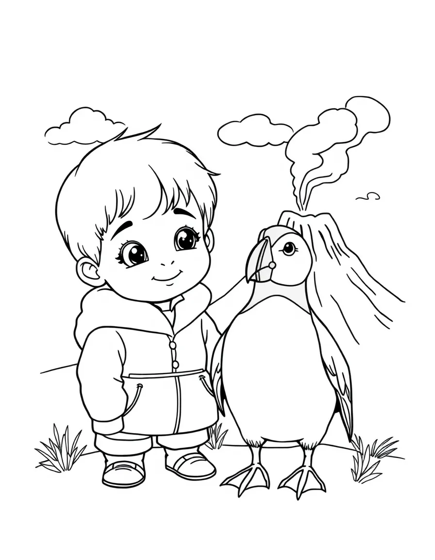 A child with a puffin bird and a volcano for Iceland.
