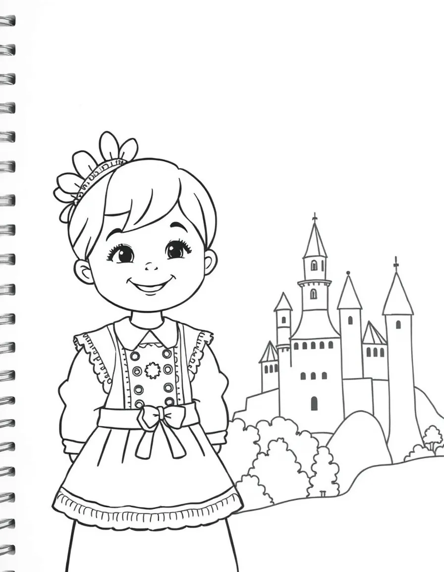 A smiling child with a traditional costume and a castle for Czech Republic.