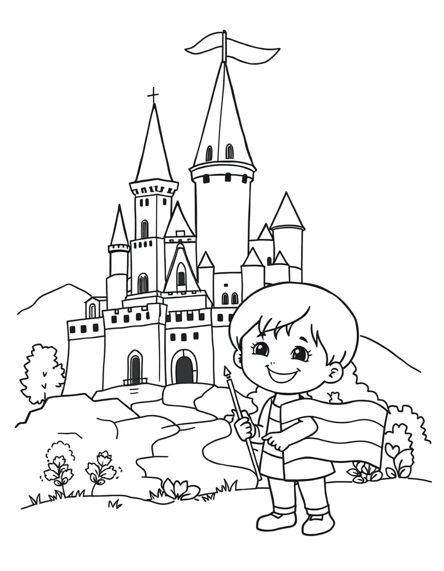 A happy child with a medieval castle and a flag for Hungary.