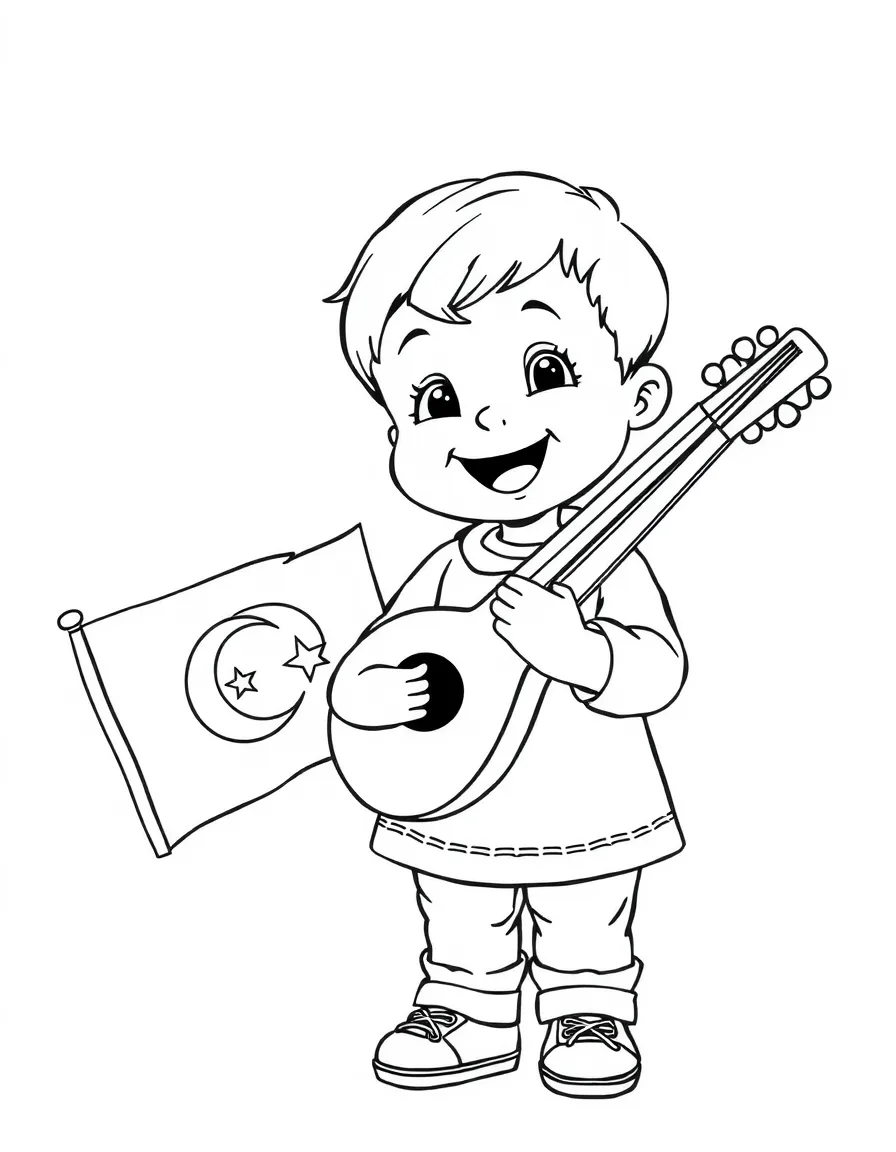 A cheerful child with a traditional instrument and a Turkish flag for Turkey.