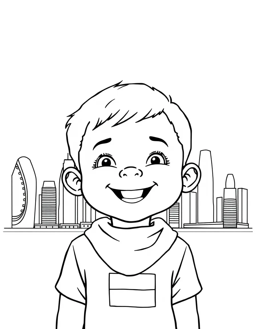 A smiling child with a modern city skyline and a flag for United Arab Emirates.