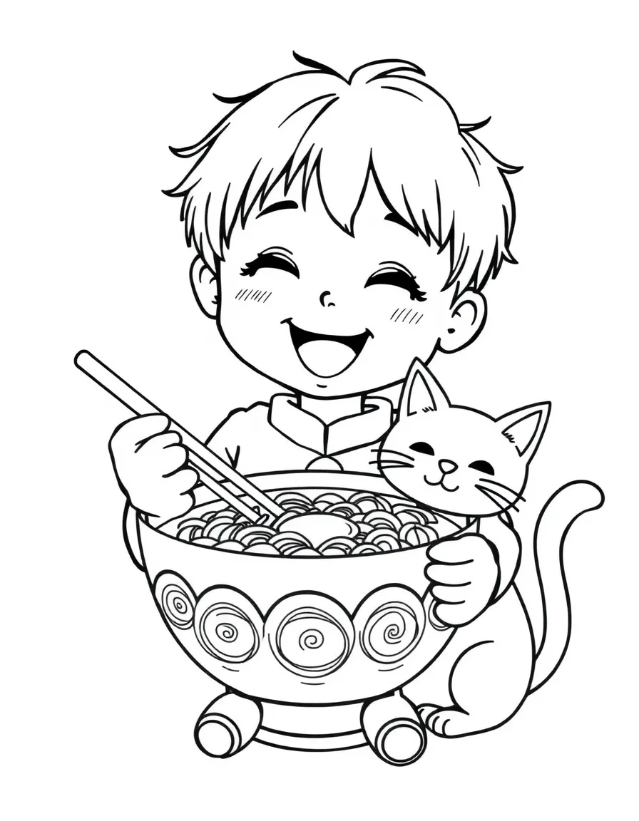 A happy child with a ramen bowl and a friendly cat for Japan.
