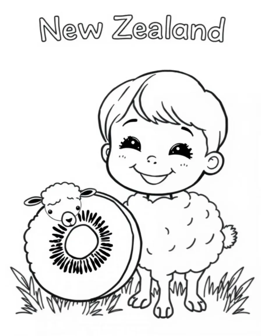 A smiling child with a kiwi fruit and a sheep for New Zealand.