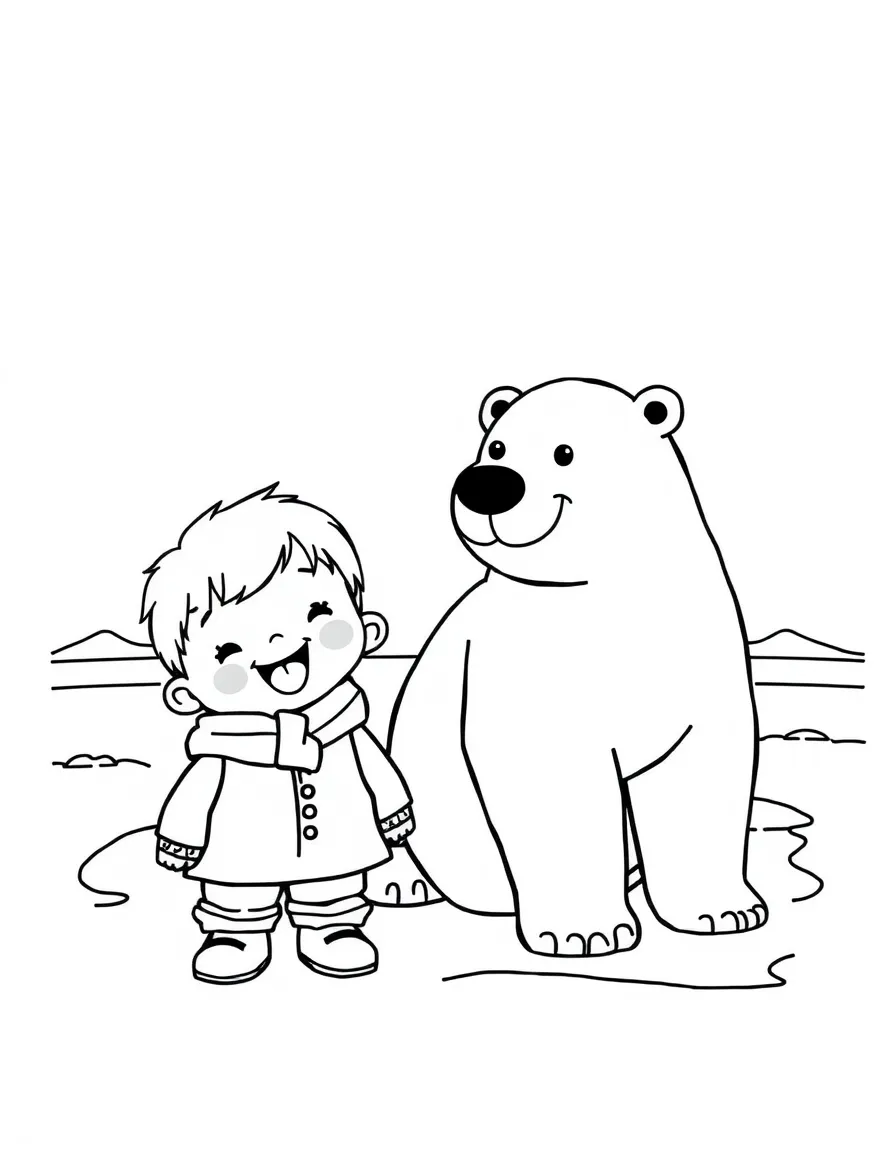 A happy child with a polar bear and an ice sheet for Greenland.