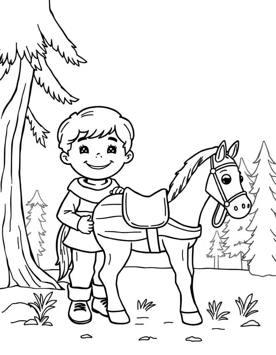 A cheerful child with a traditional wooden horse and a forest for Sweden.