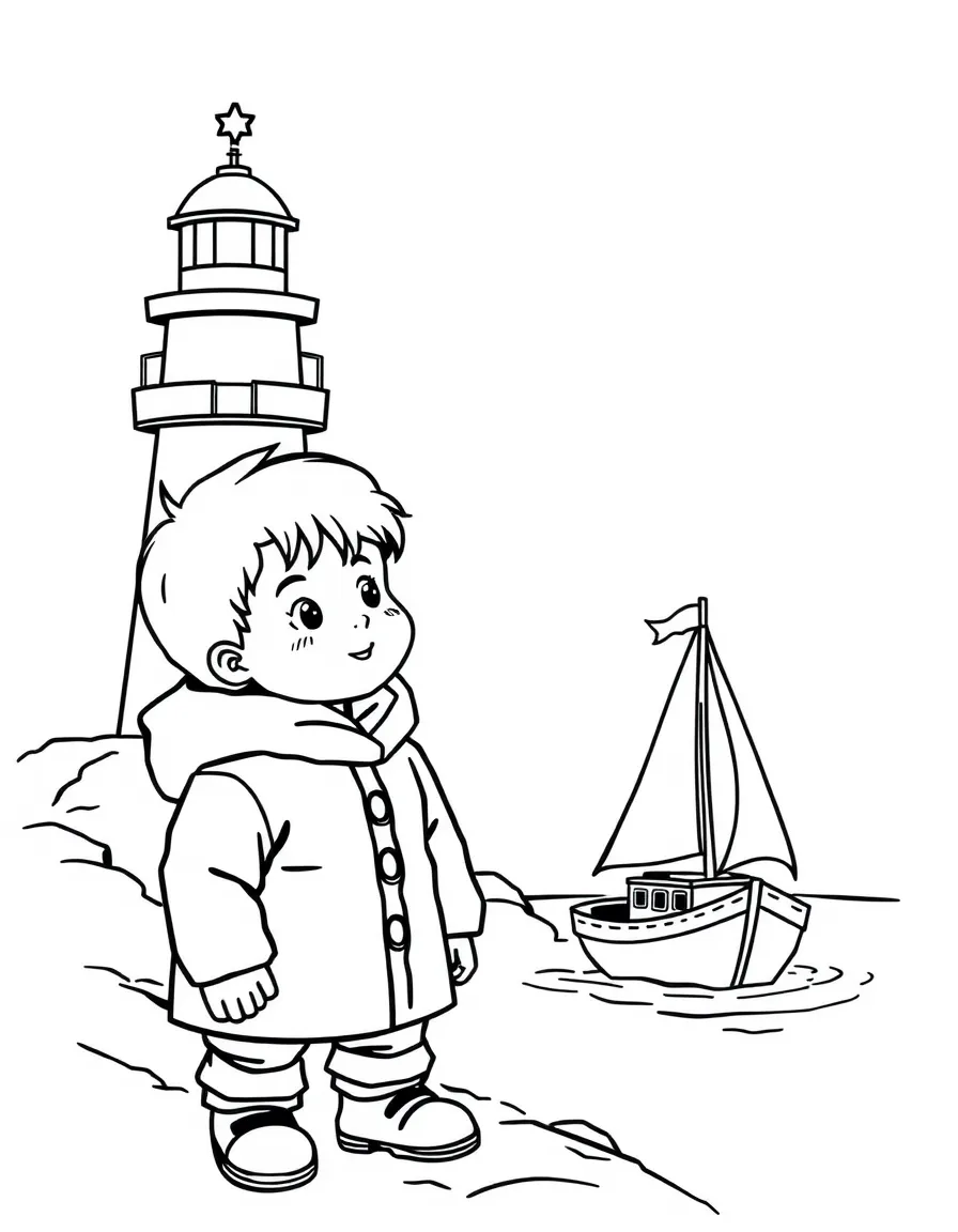 A child with a small boat and a lighthouse for Norway.