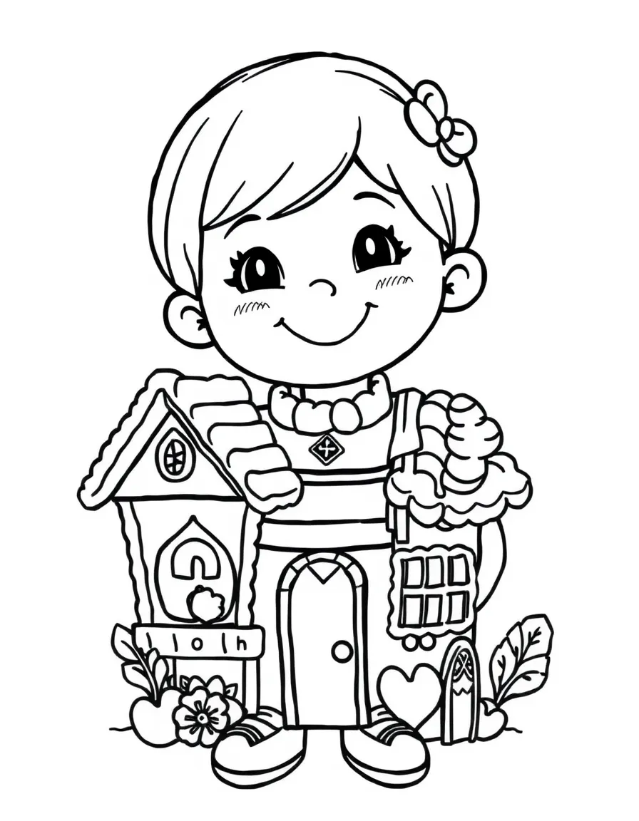 A smiling child with a gingerbread house and a traditional German dress for Germany.