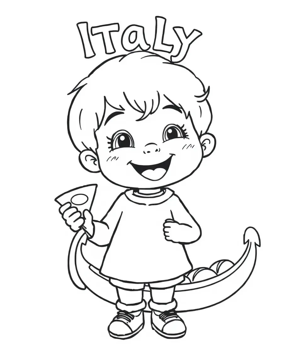 A happy child with a pizza slice and a gondola for Italy.