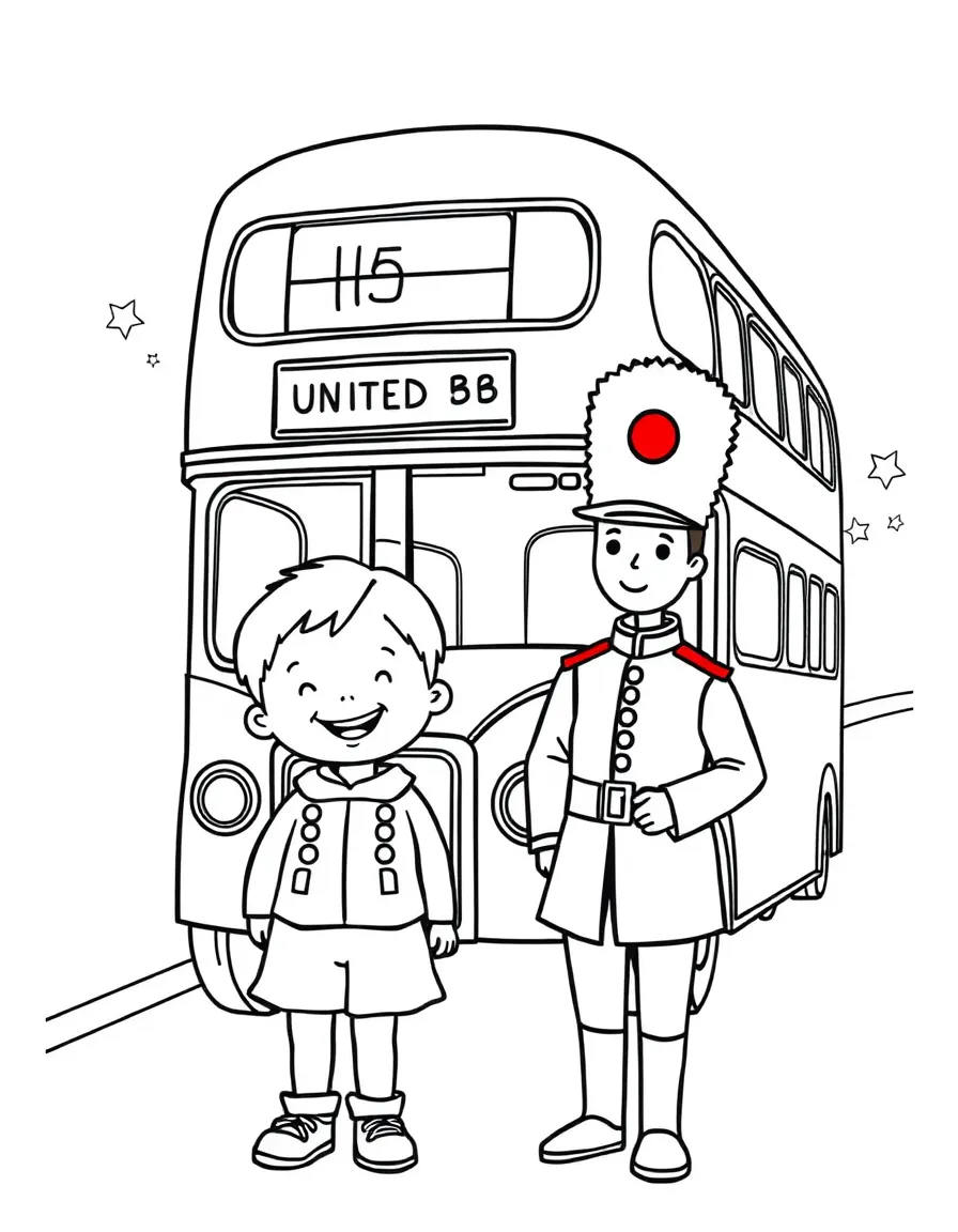 A cheerful child with a red bus and a guard in a bearskin hat for United Kingdom.