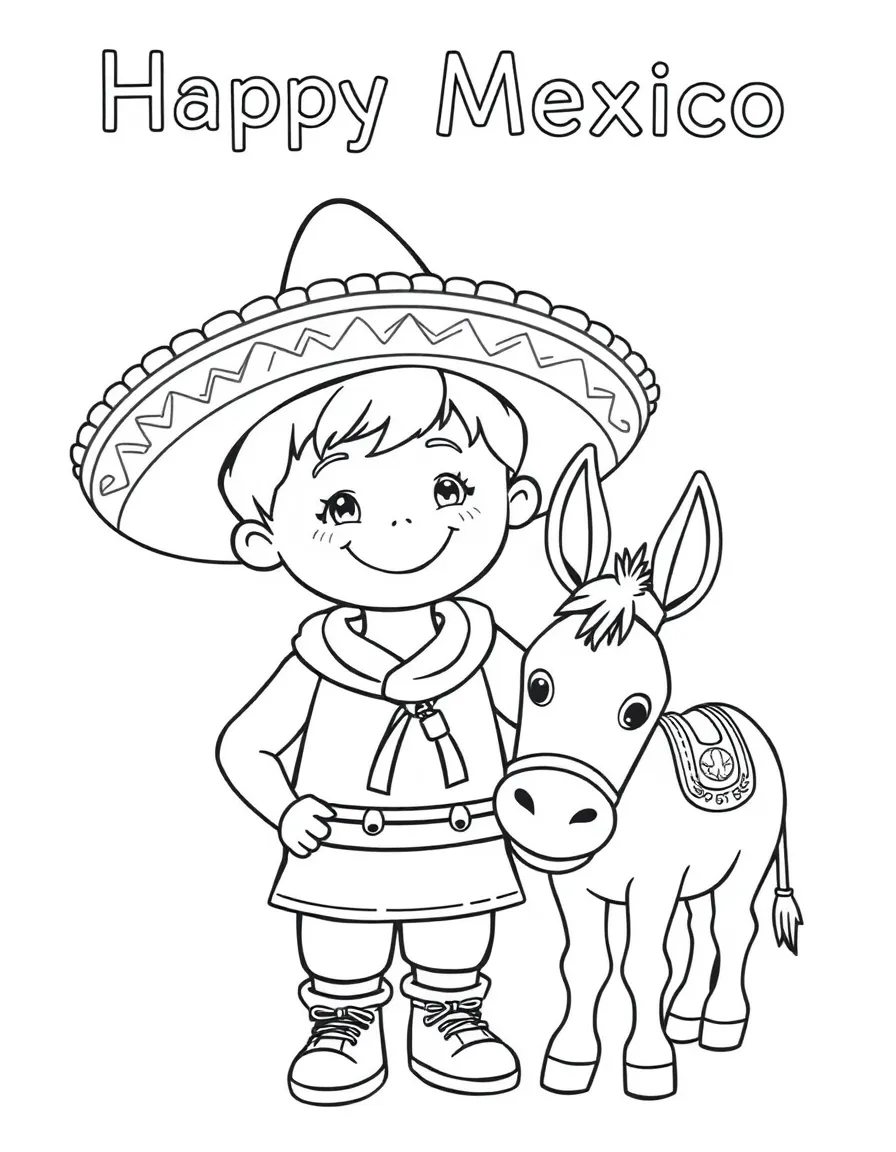 A smiling child with a sombrero and a donkey for Mexico.