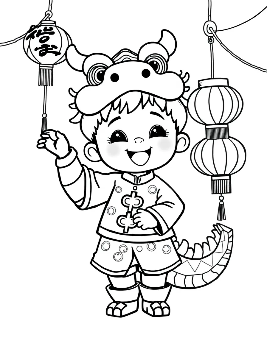 A happy child with a dragon dance and a Chinese lantern for China.