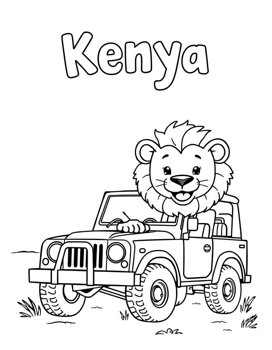 A cheerful child with a lion and a safari jeep for Kenya.