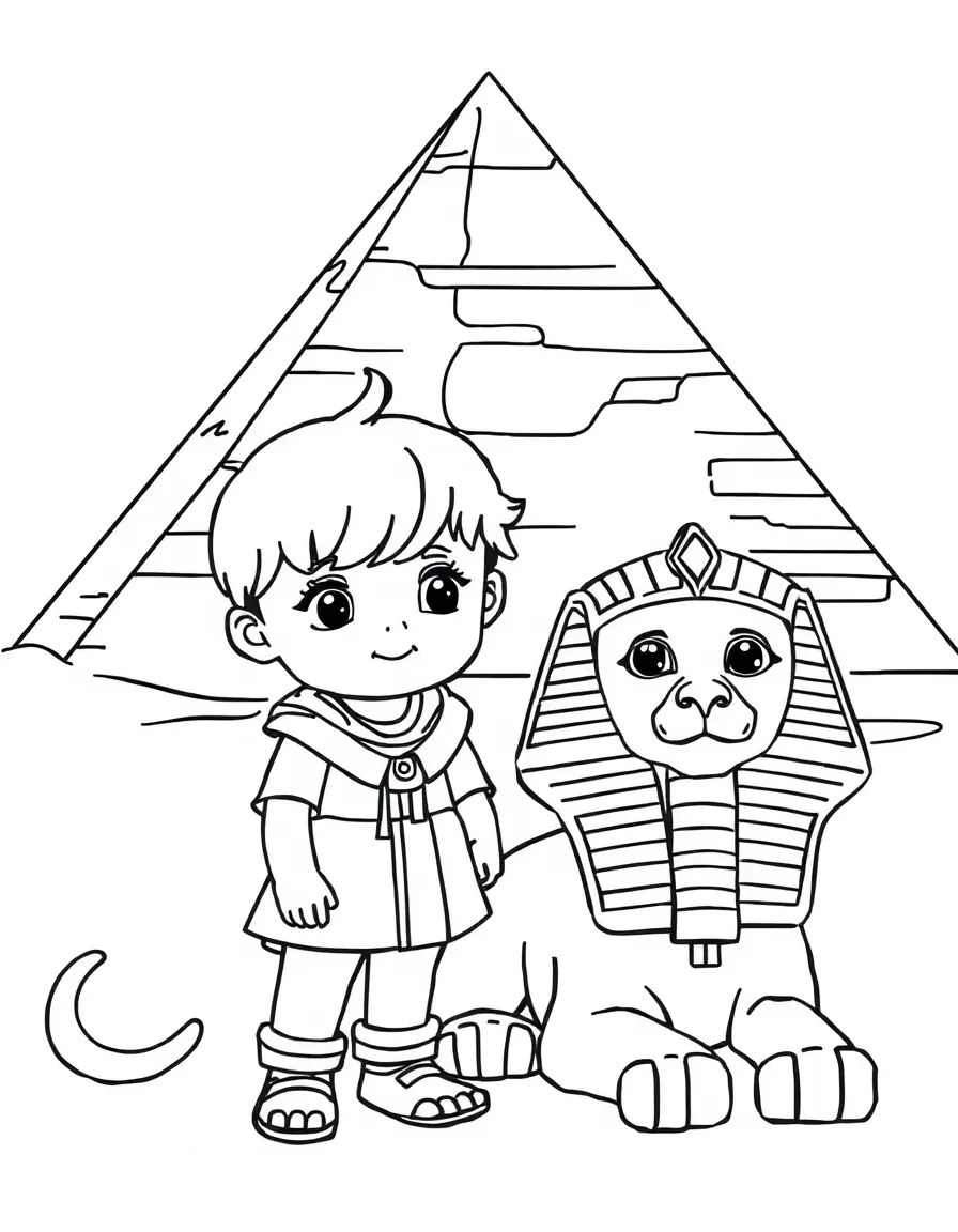A child with a pyramid and a sphinx for Egypt.