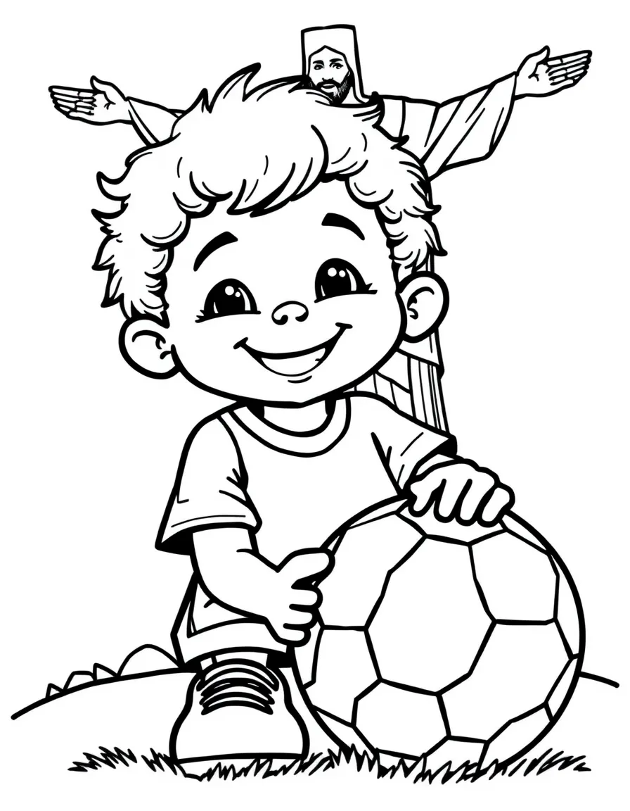 A smiling child with a soccer ball and a Christ the Redeemer statue for Brazil.