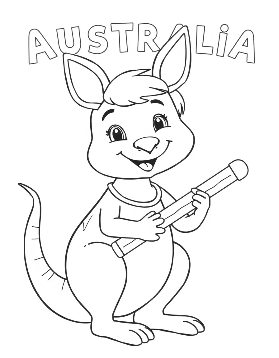 A happy child with a kangaroo and a didgeridoo for Australia.