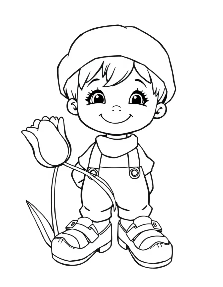 A cheerful child with a tulip and wooden clogs for Netherlands.