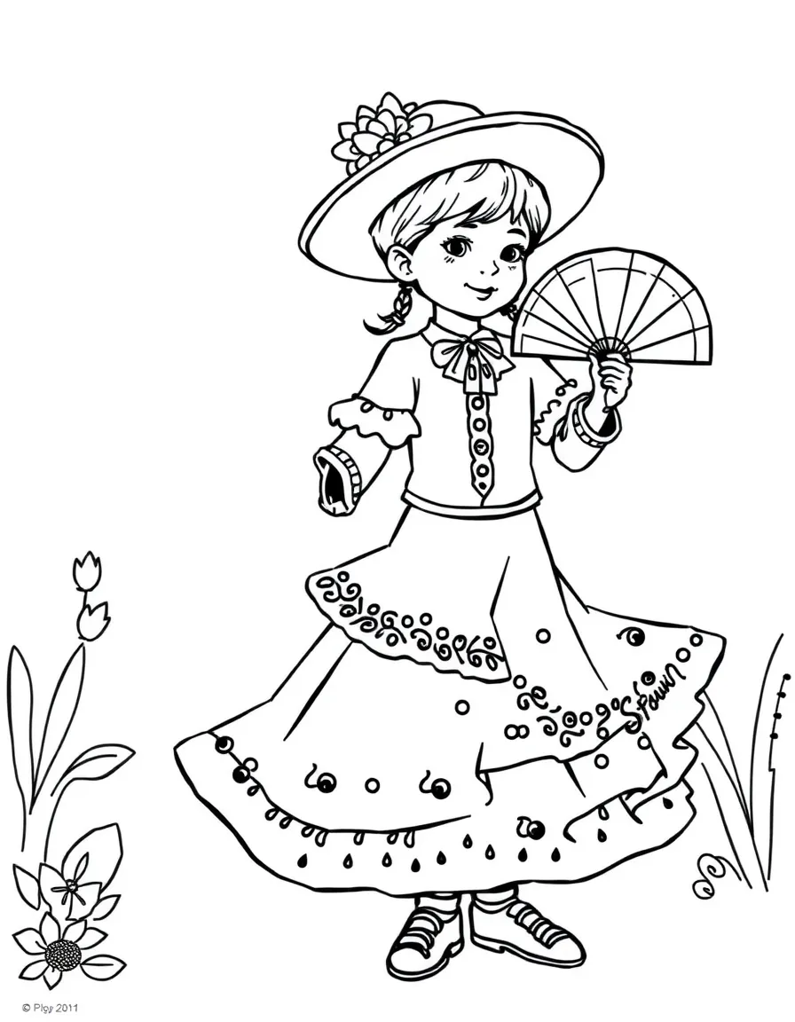 A child with a flamenco dancer and a fan for Spain.