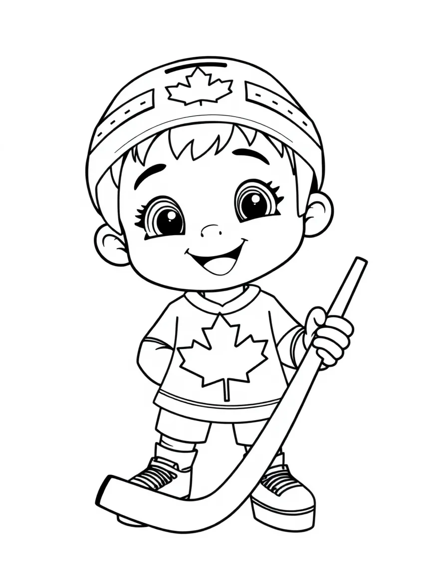A smiling child with a maple leaf and a hockey stick for Canada.