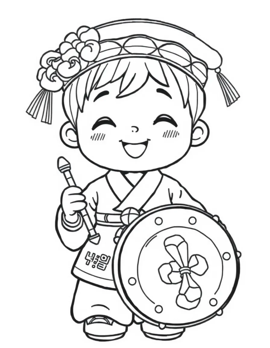 A happy child with a traditional Korean hanbok and a drum for South Korea.