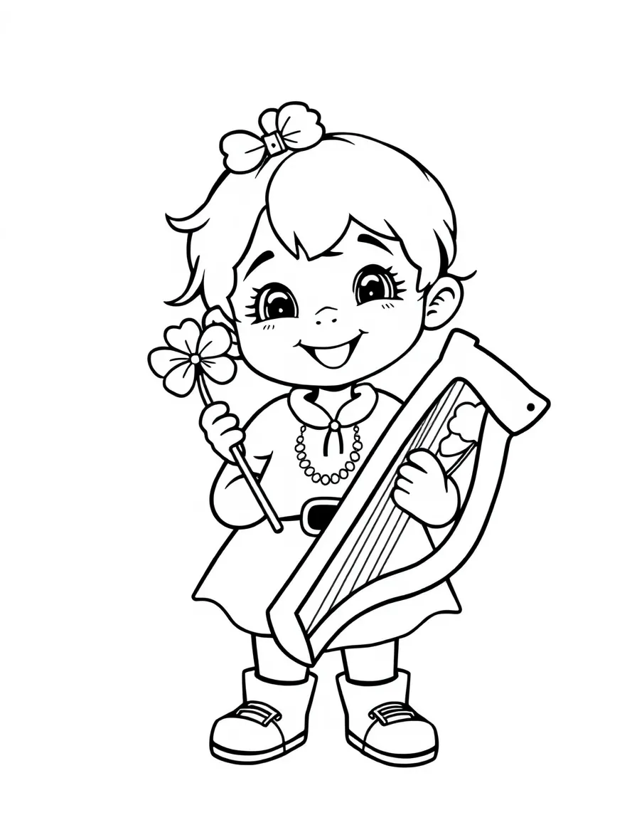 A cheerful child with a shamrock and a harp for Ireland.