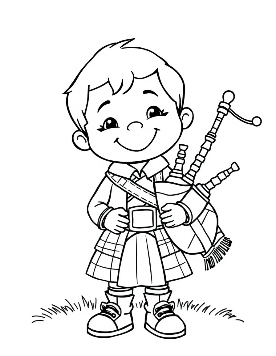 A smiling child with a kilt and a bagpipe for Scotland.