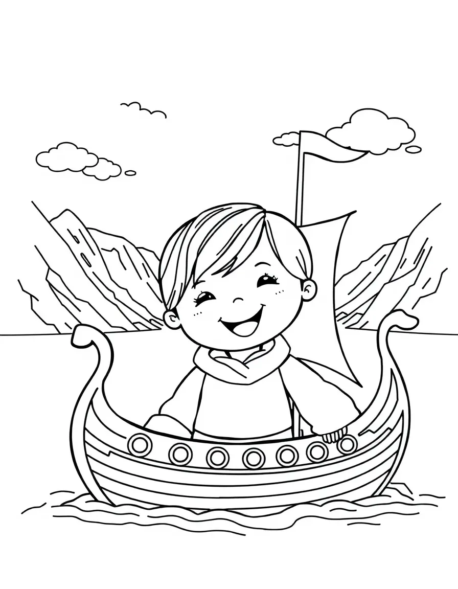 A happy child with a Viking ship and a fjord for Norway.