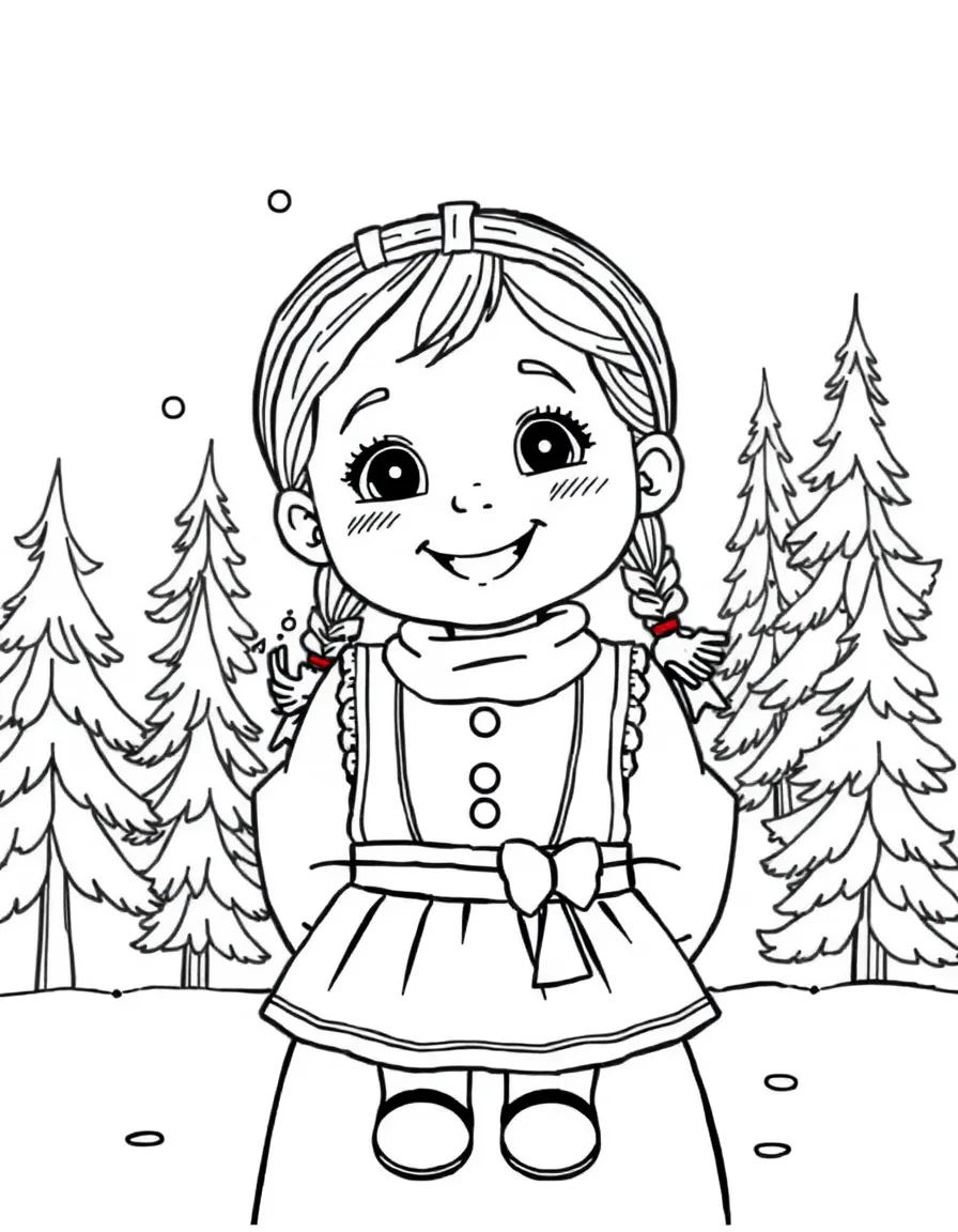A cheerful child with a traditional Finnish dress and a snowy forest for Finland.