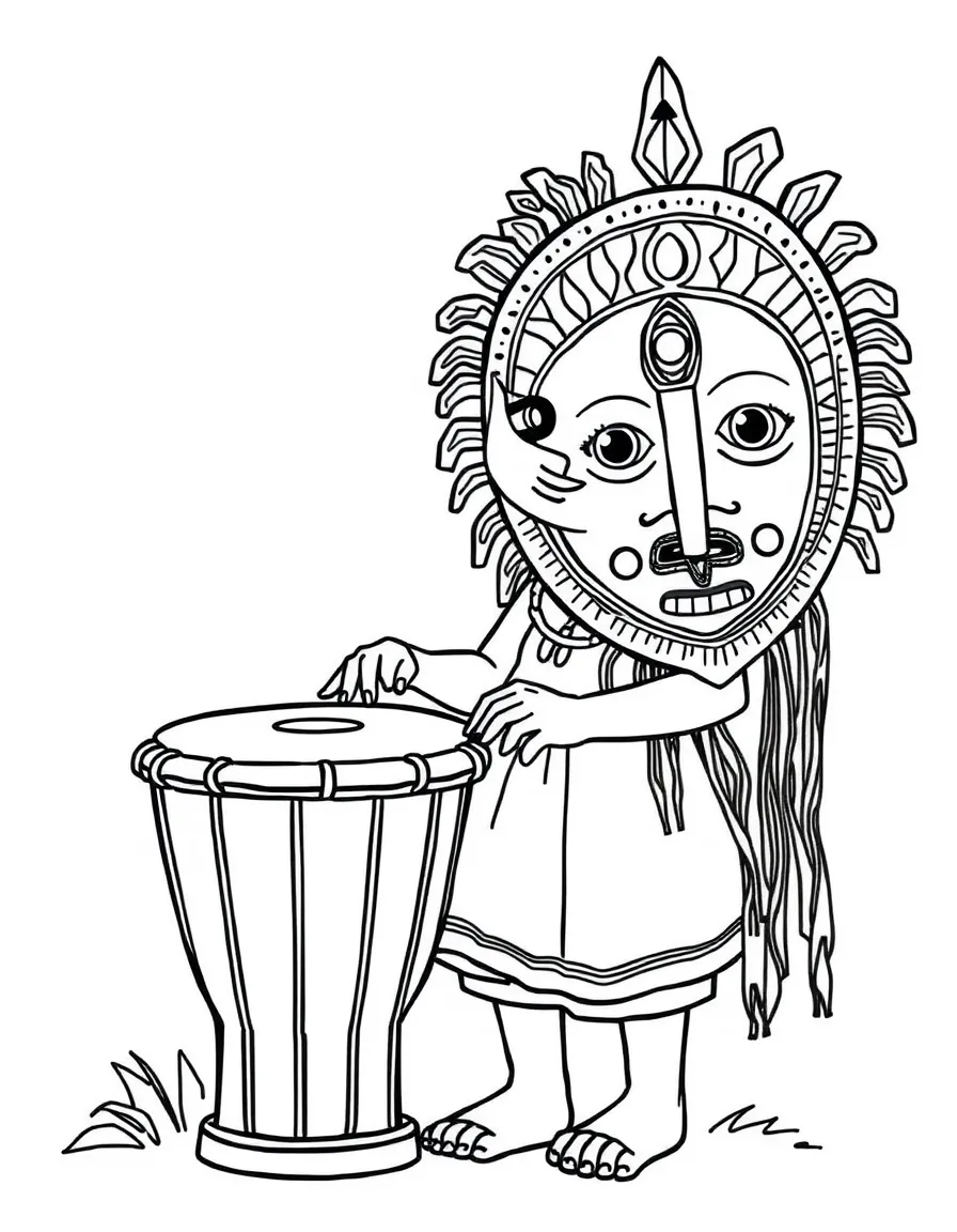 A child with a djembe drum and a traditional African mask for Ghana.