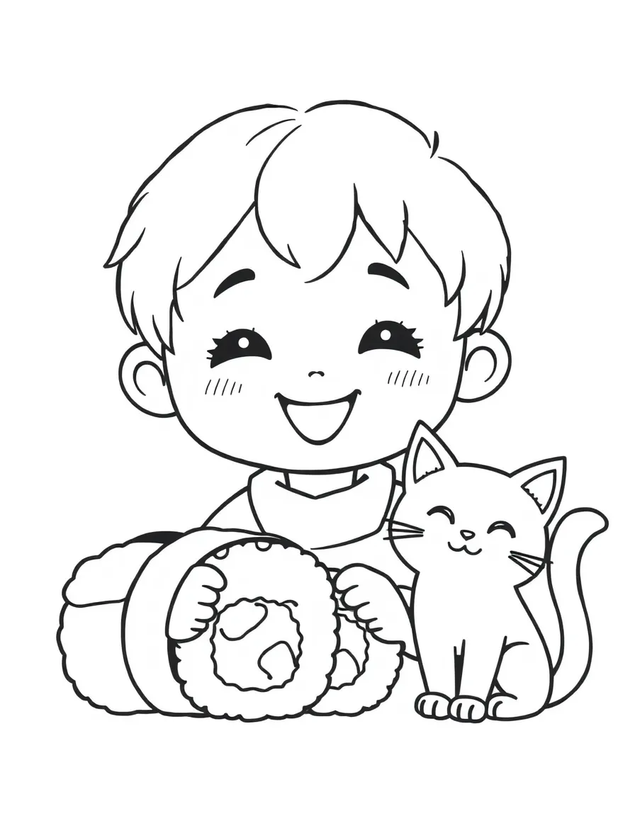 A smiling child with a sushi roll and a friendly cat for Japan.