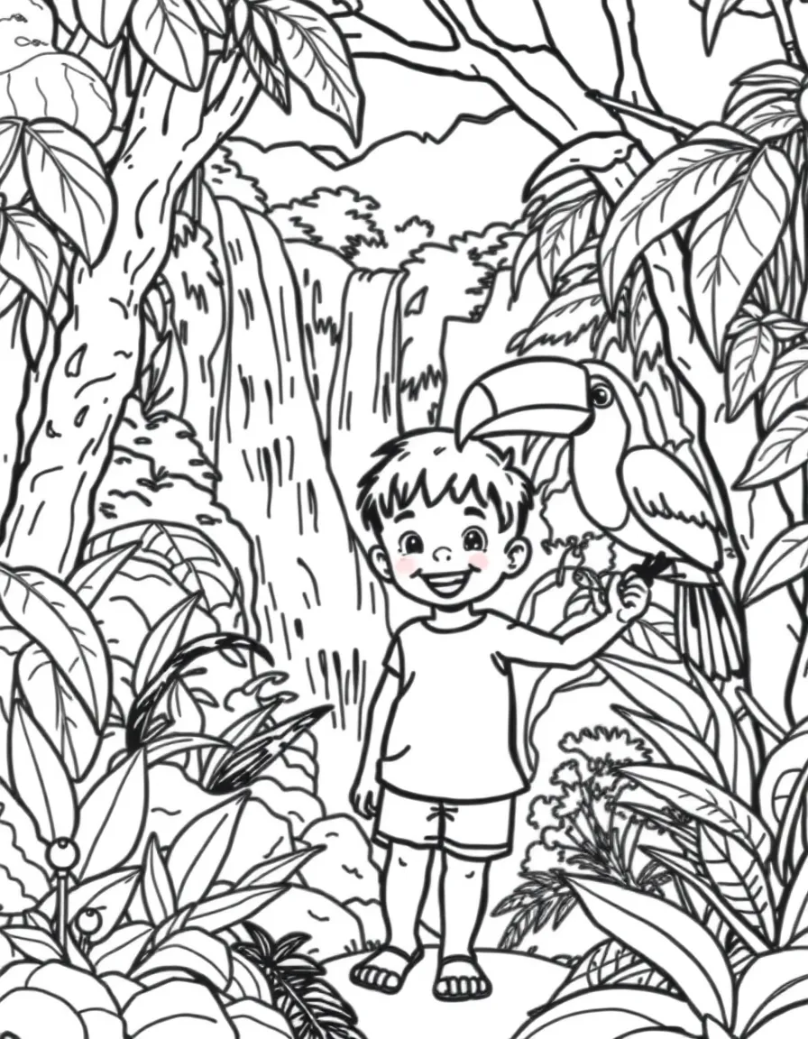 A happy child with a toucan and a waterfall in a rainforest for Costa Rica.