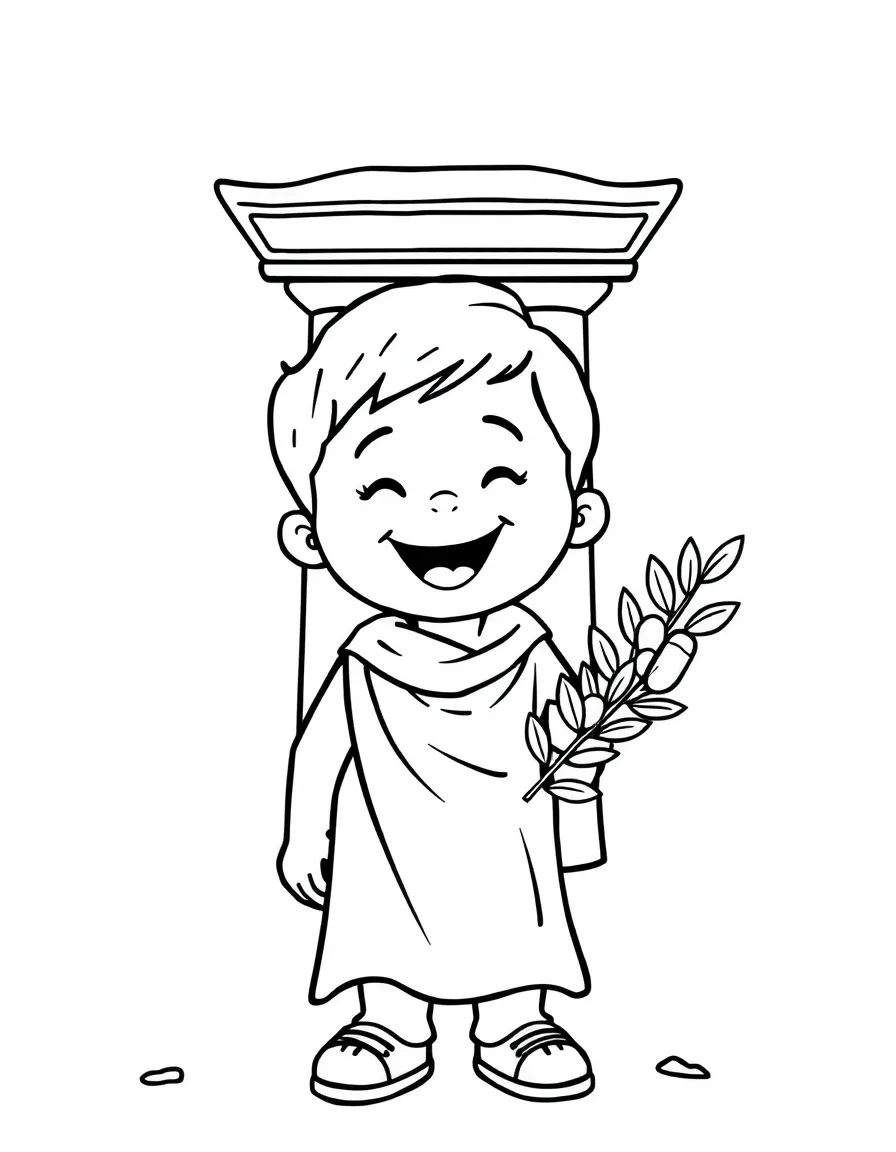 A cheerful child with an ancient column and an olive branch for Greece.