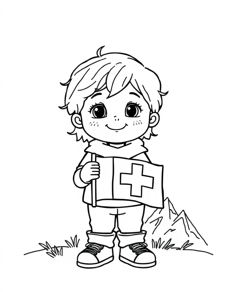 A child with a Swiss flag and a mountain for Switzerland.