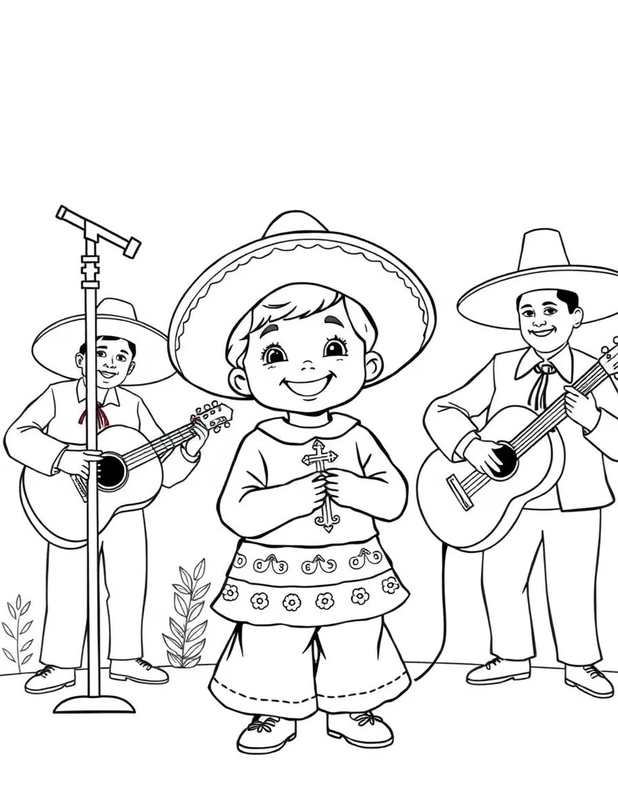 A smiling child with a mariachi band playing for Mexico.