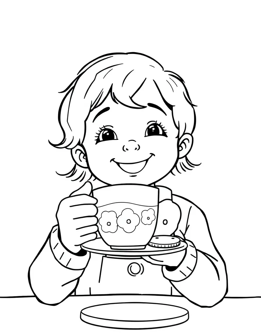 A happy child drinking tea with biscuits for United Kingdom.