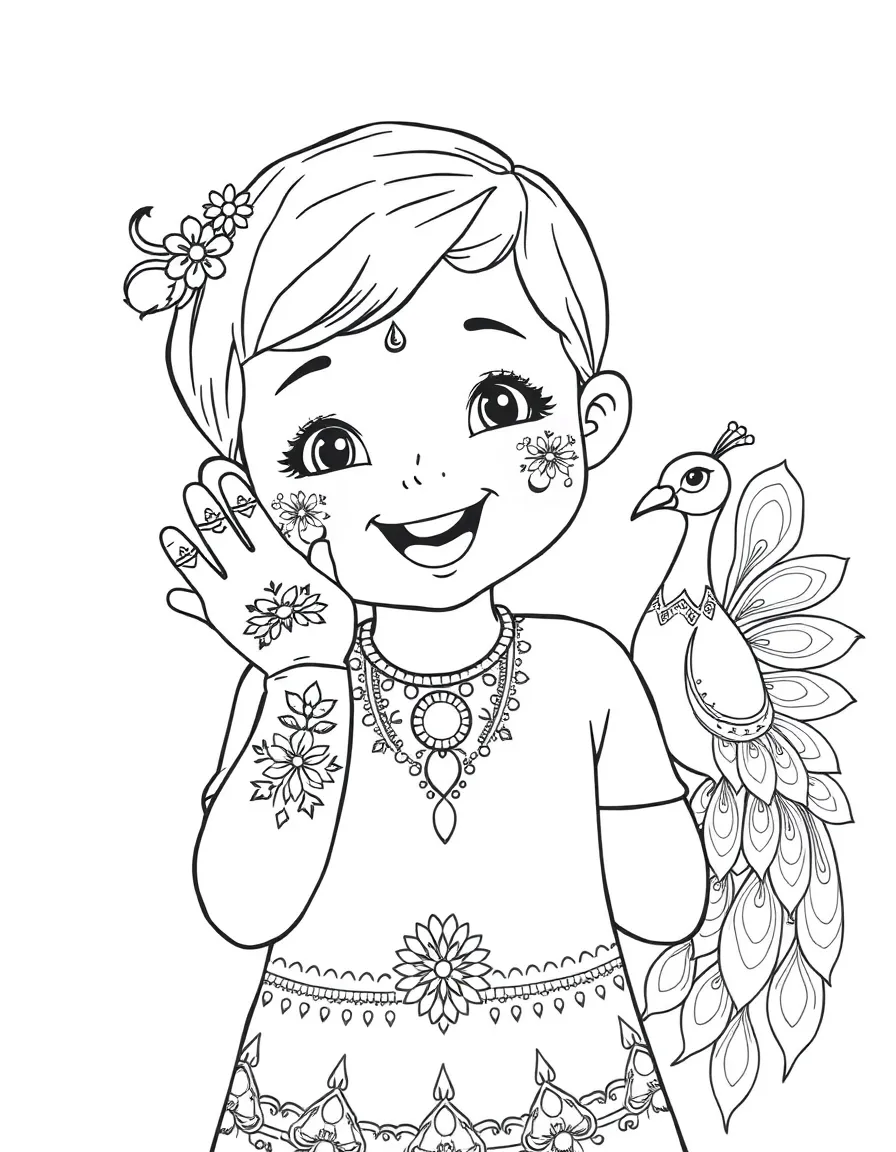 A cheerful child with henna on their hands and a peacock for India.