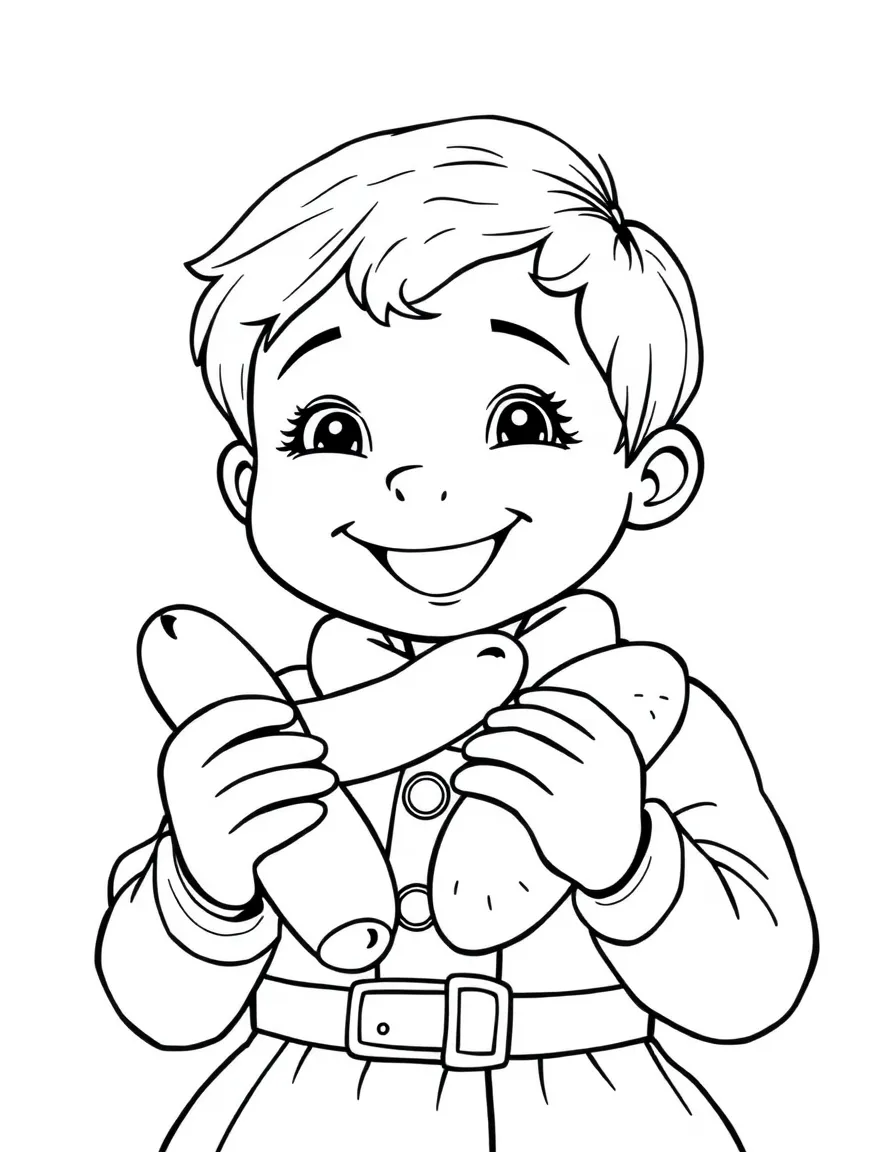 A smiling child eating a sausage and a pretzel for Germany.