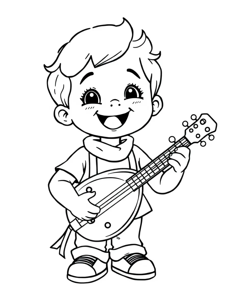 A cheerful child with a mandolin and a pizza slice for Italy.