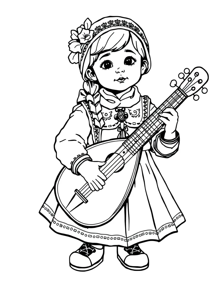 A child with a balalaika and a traditional Russian costume for Russia.