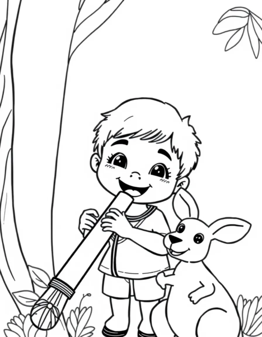 A cheerful child with a didgeridoo and a kangaroo for Australia.