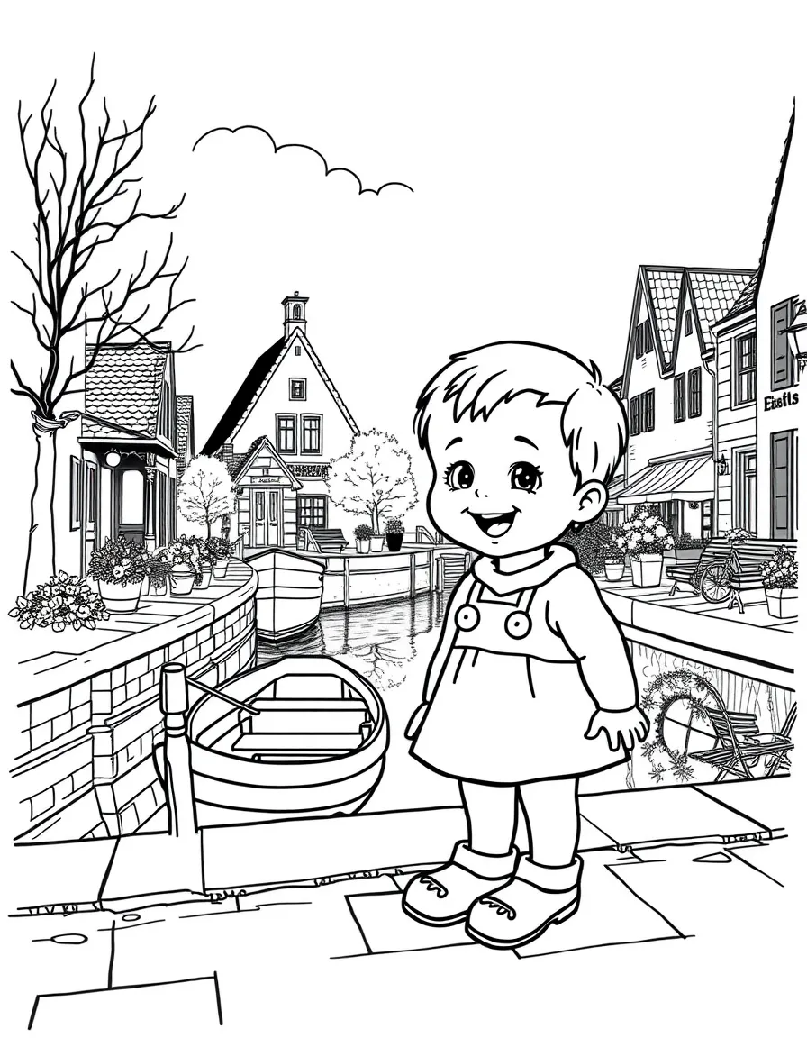 A happy child near a canal with a small boat and wooden clogs for Netherlands.