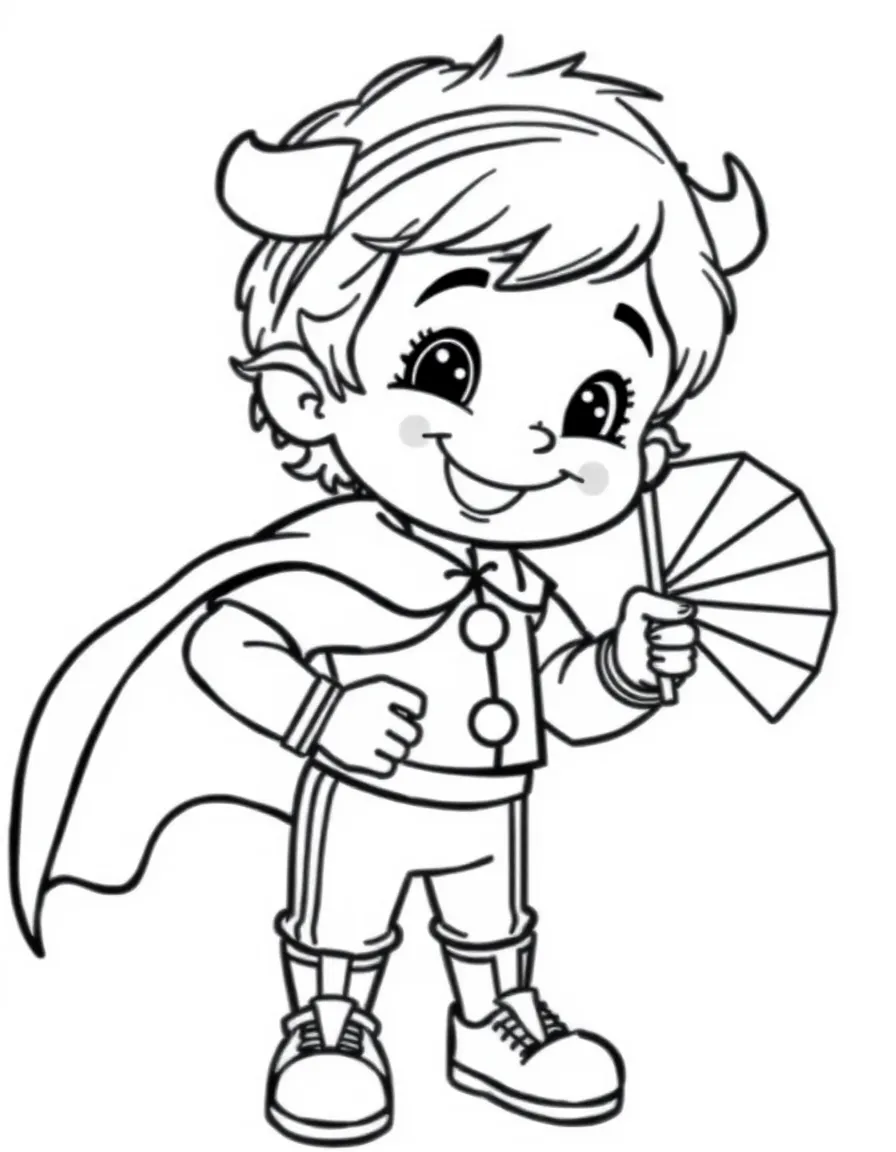 A cheerful child with a fan and a bullfighter cape for Spain.