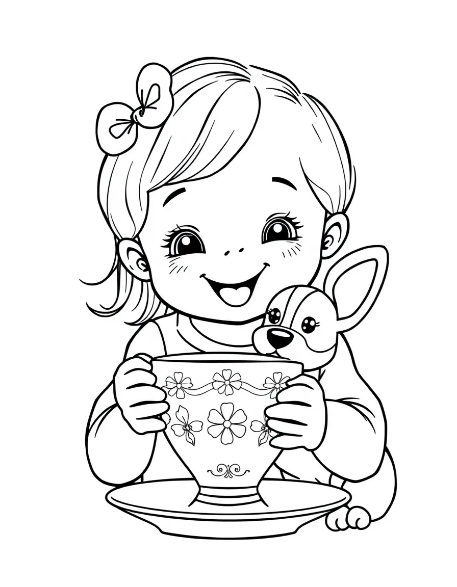 A happy child with a teacup and a corgi dog for United Kingdom.