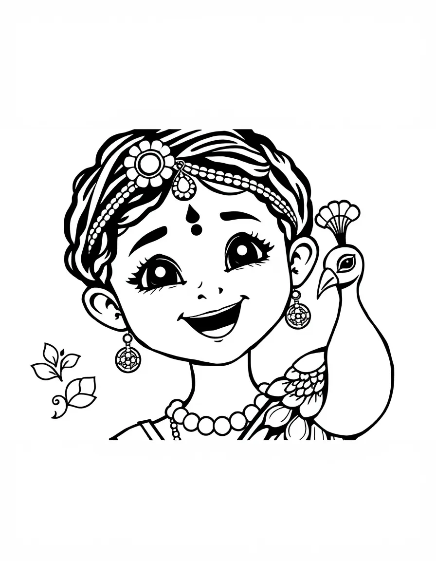 A cheerful child with a bindi and a peacock for India.