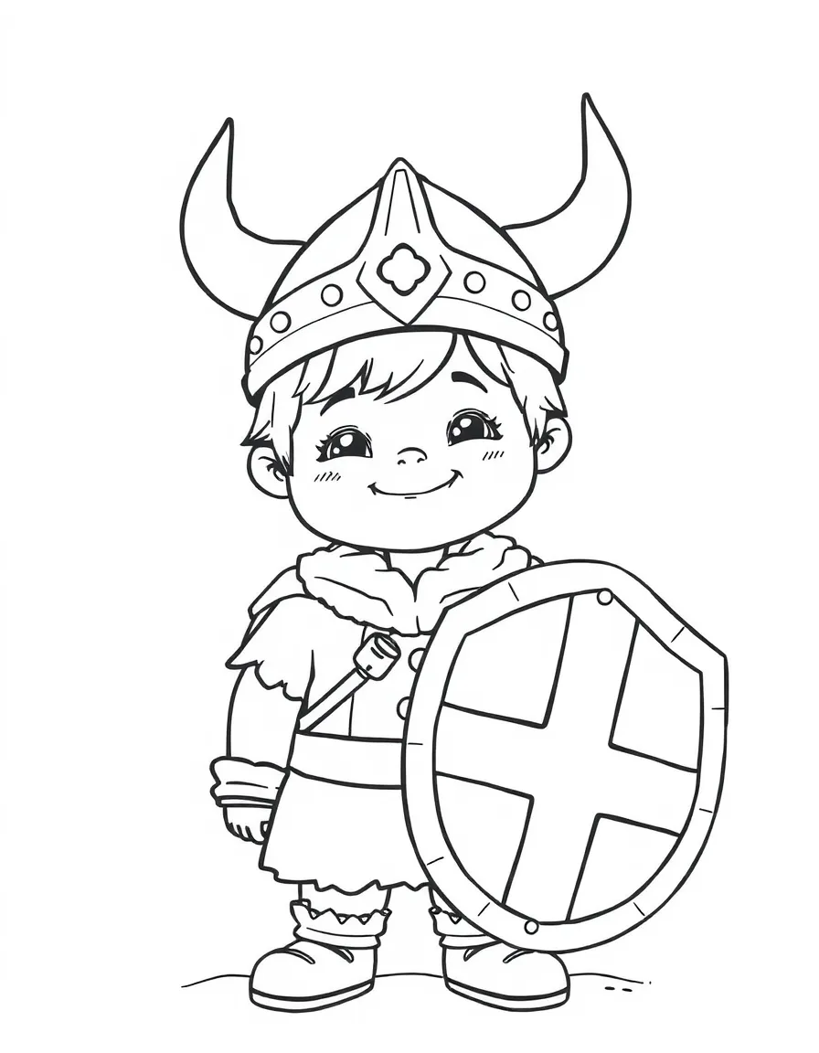 A happy child with a Viking helmet and a shield for Norway.