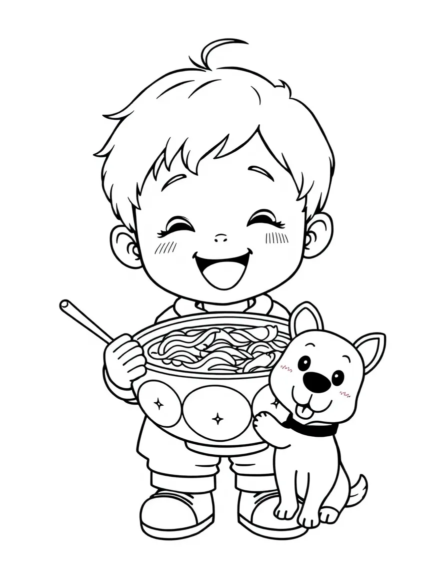 A cheerful child with a kimchi bowl and a cute dog for South Korea.