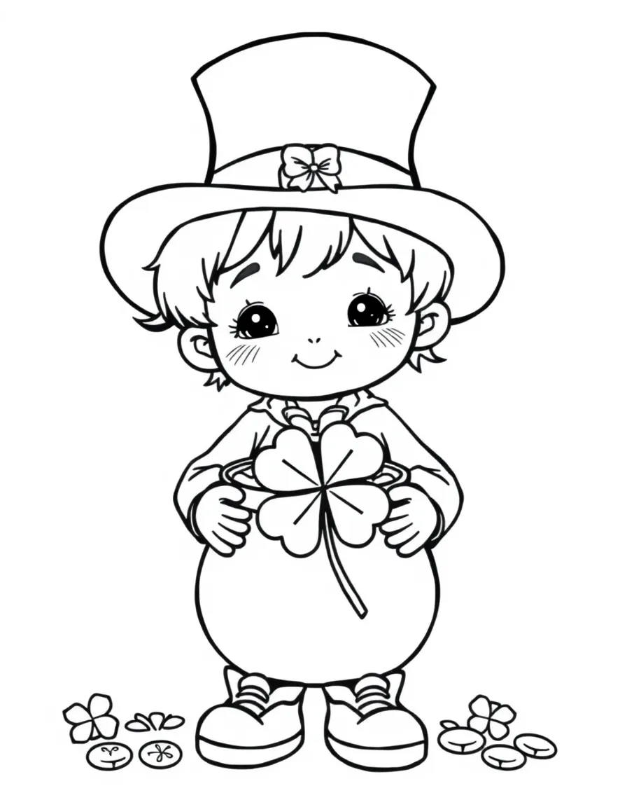 A child with a pot of gold and a four-leaf clover for Ireland.