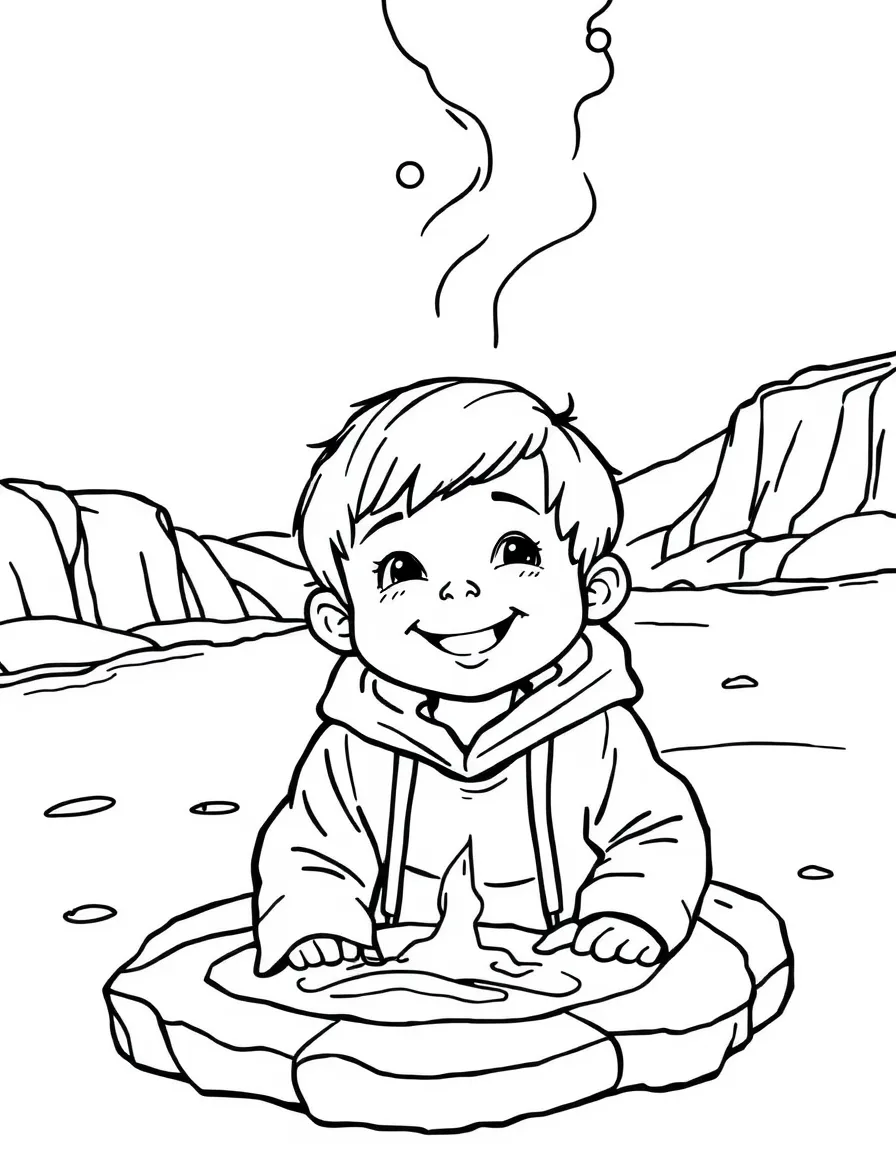 A smiling child exploring a geyser with steam for Iceland.